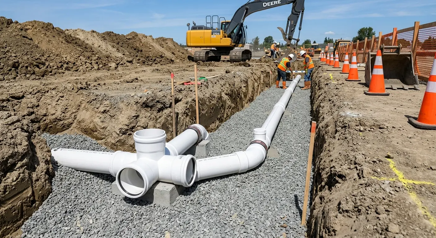 New PVC sewer pipe installation in open trench for Commercial Drain Cleaning in Goodlettsville