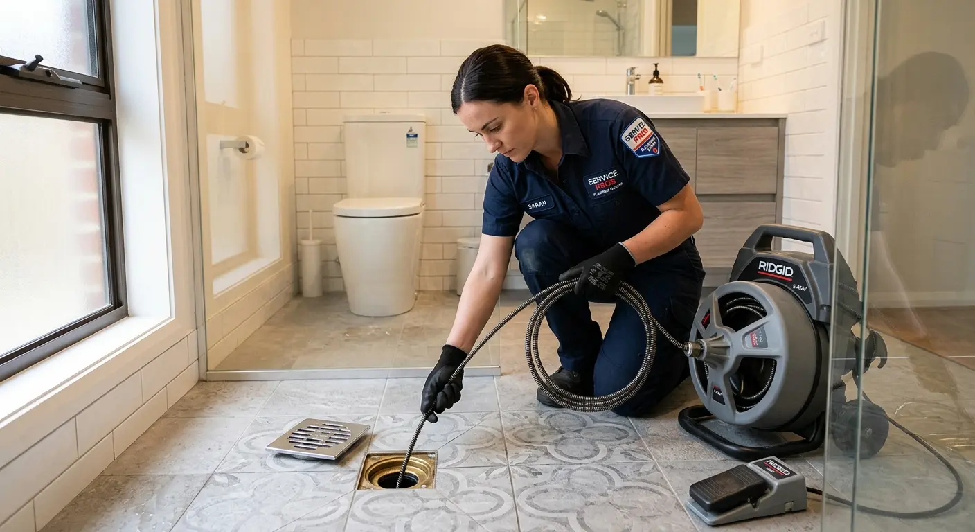 Technician clearing a bathroom floor drain for Clogged Drain Repair in Goodlettsville